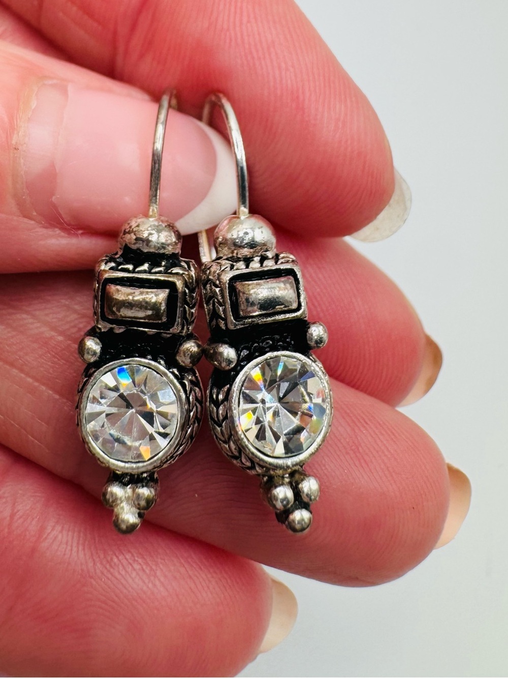 Sterling-Style Silver Drop Earrings with Clear Crystal Accent